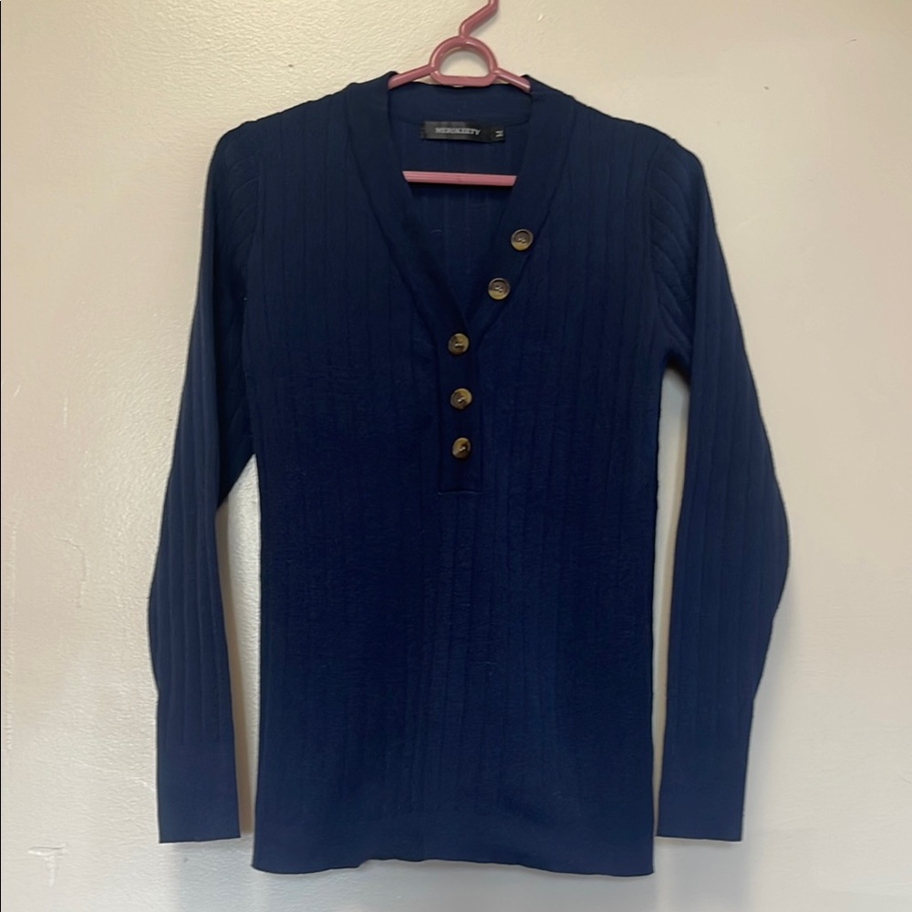 Navy Long Sleeve Sweater with Button Detail